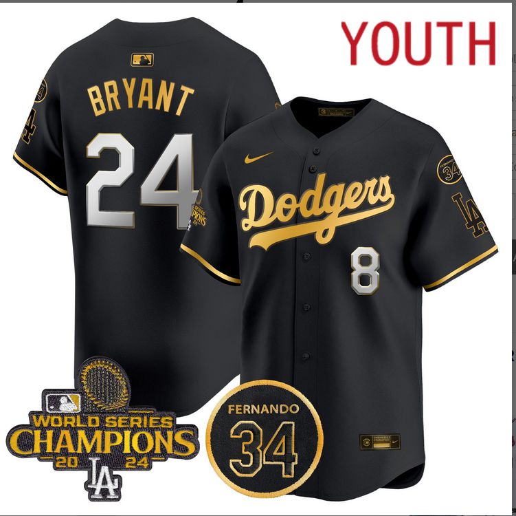 Youth MLB Los Angeles Dodgers 24 Bryant black 2024 World Series Champions Patch Limited Jersey
